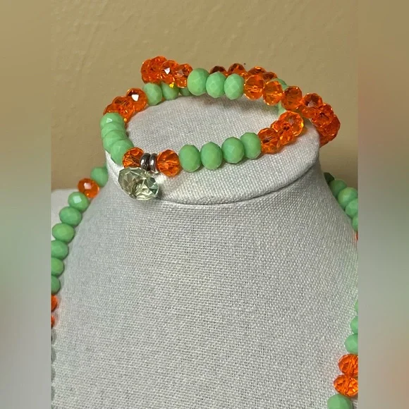 Murano Jade Green & Orange Glass & Shell 🐚 Handmade Artisan Jewelry set. - Picture 7 of 8